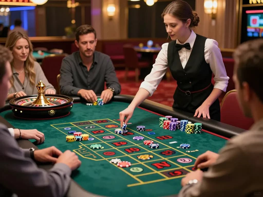 Experience the thrill of betting at NK88's roulette table with lively players and expert croupier.