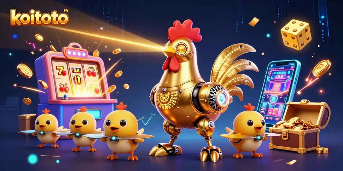 Koitoto engages players with an exciting 3D illustration featuring a golden rooster robot and baby chick drones in a vibrant casino scene