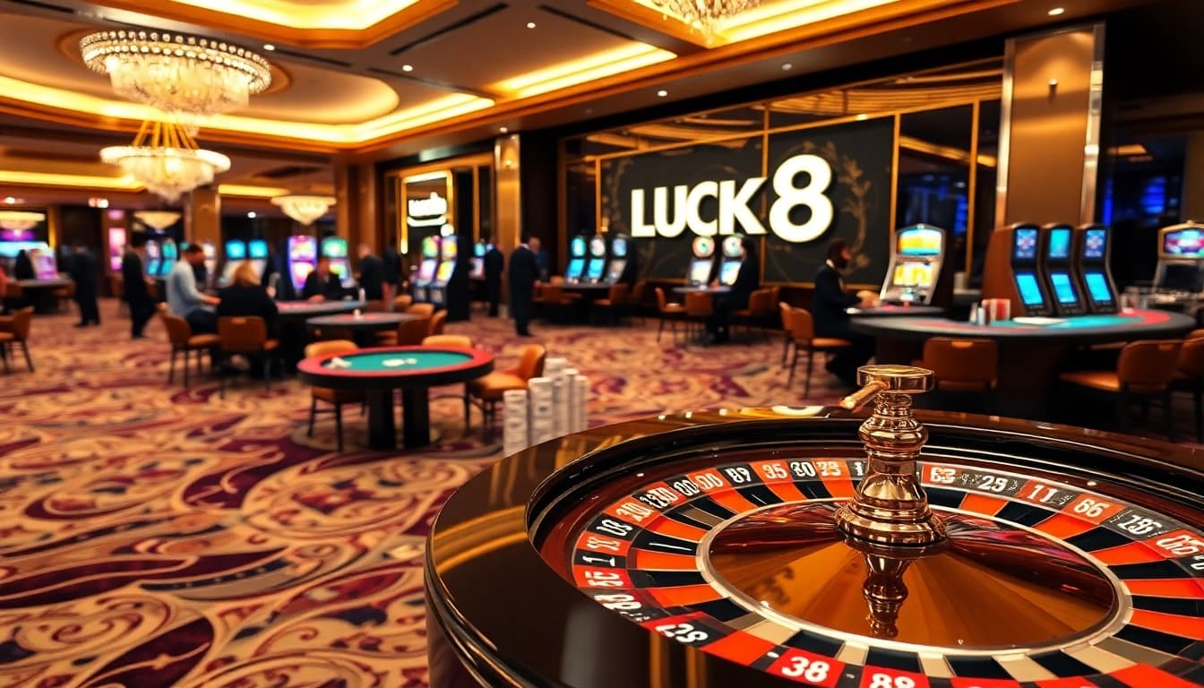 LUCK8 casino scene showcasing roulette, poker, and vibrant gambling excitement.