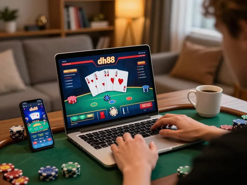 Person playing high-stakes poker on dh88 gaming platform at home, laptop displaying cards and chips.