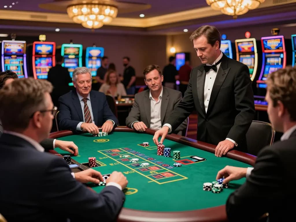 Players enjoying blackjack at tg88 casino, vibrant atmosphere and professional dealer engaging bets