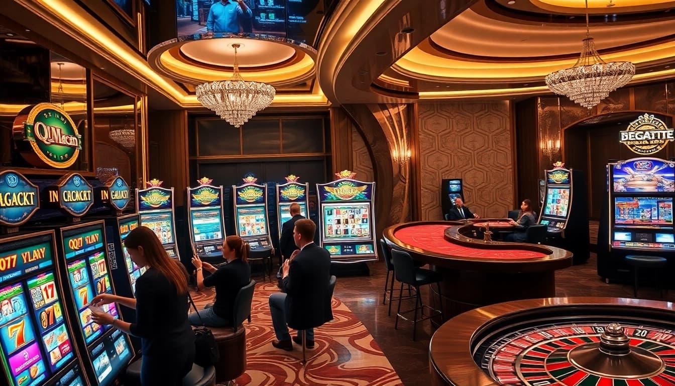 Experience the thrill of qqmacan slot in a luxurious casino setting with engaging players.