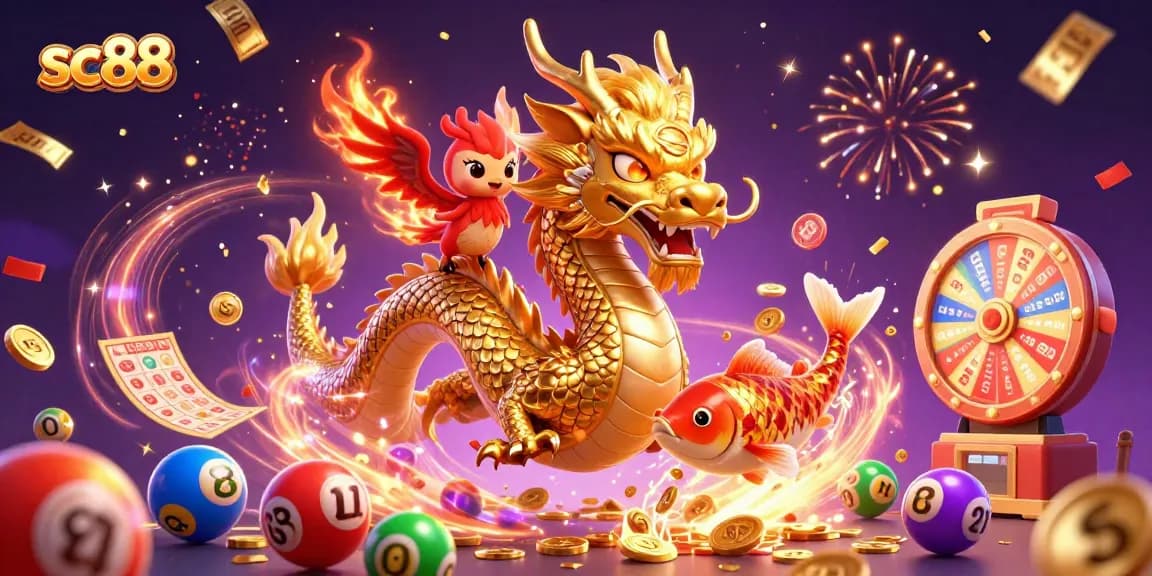 sc88 showcases an exciting casino scene with a dragon, phoenix, and koi fish amidst colorful games and coins.