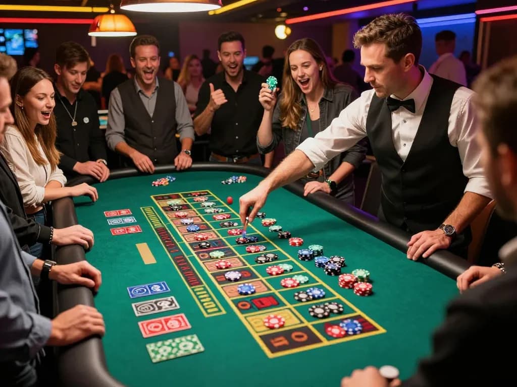 Players engaging at a roulette table, experiencing the excitement of tr88 in a vibrant casino setting.