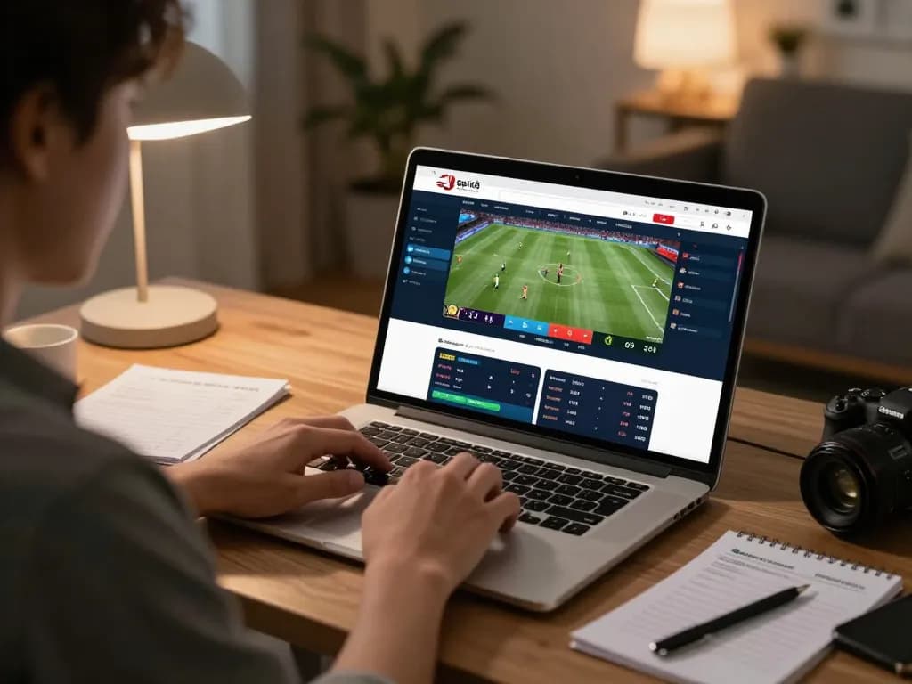 Soi Kèo sports betting interface displayed on a laptop in a cozy home office setting with casual atmosphere