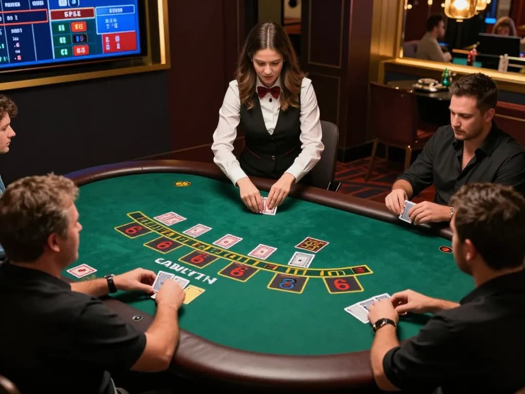 ww88 players engaging at online blackjack table with a live dealer in modern casino atmosphere