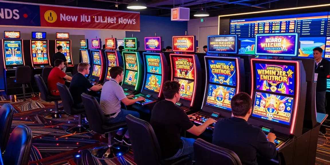 Players exploring new UK slot sites in an exciting, modern casino gaming environment with vibrant lights and digital displays.