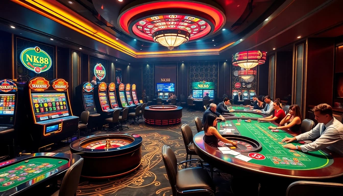 Enhance your gaming experience with NK88's vibrant casino atmosphere featuring tables and machines.