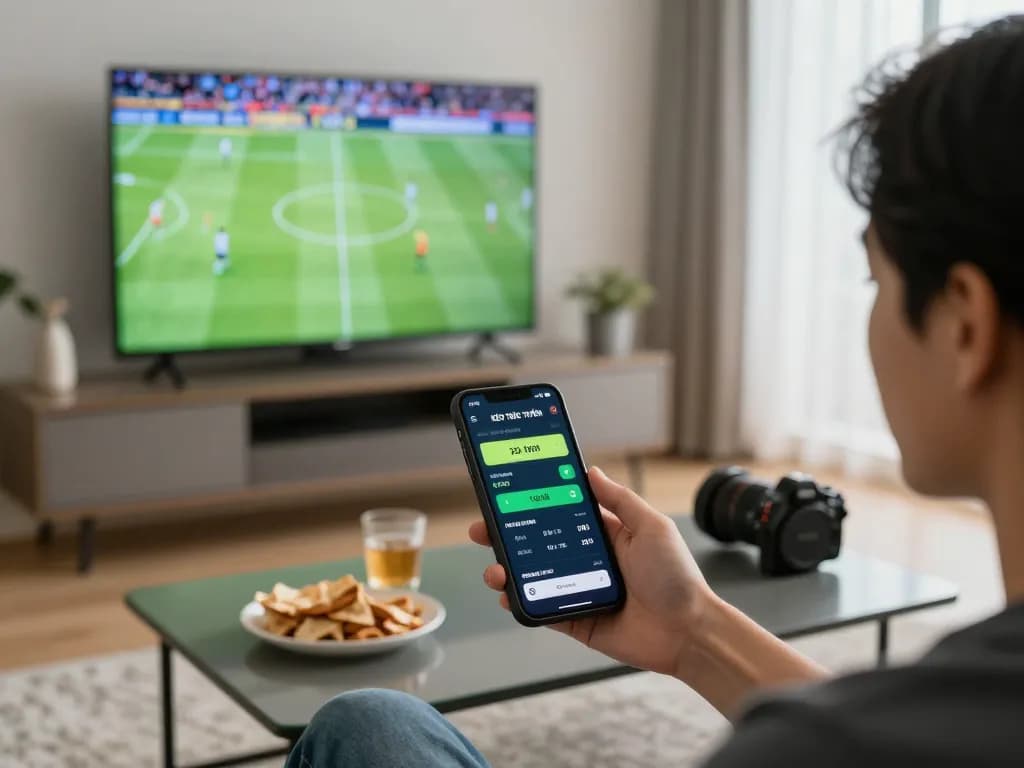 KÈO TRỰC TUYẾN used on mobile app during live football match betting, vibrant home scene