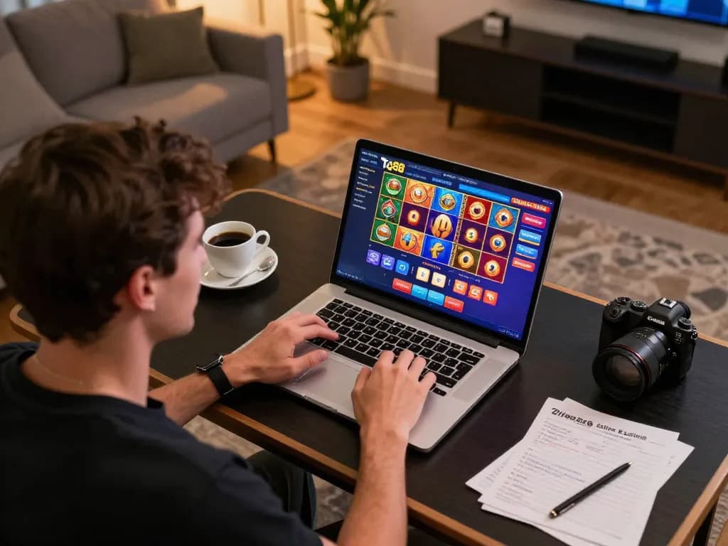 Player engaging with tg88 online casino on laptop, showcasing exciting slot graphics.