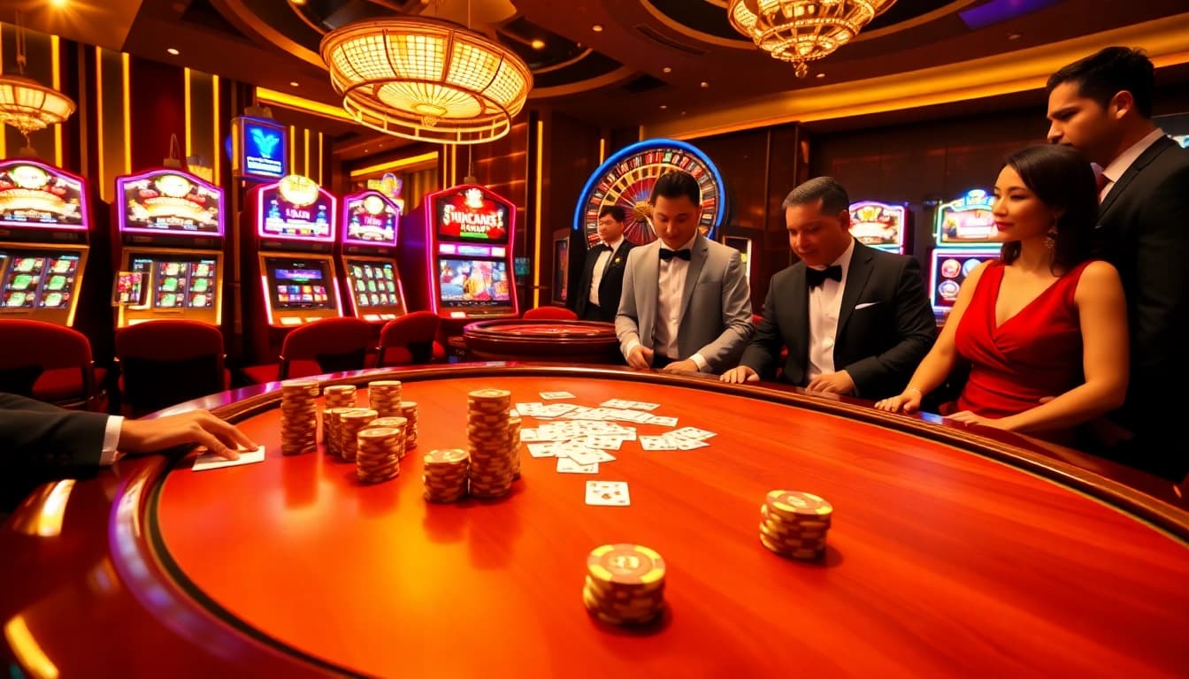 Experience MM88 thrills with a glamorous casino setting, featuring poker tables and roulette.