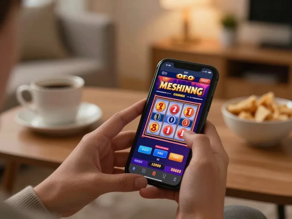 Agen Slot online gameplay on smartphone shows active slot machine spin in cozy home setting.