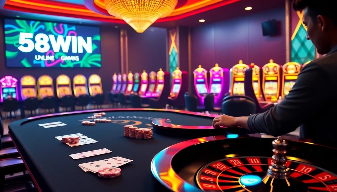 Experience the thrill of 58win bet at a luxurious online casino scene with vibrant gaming elements.