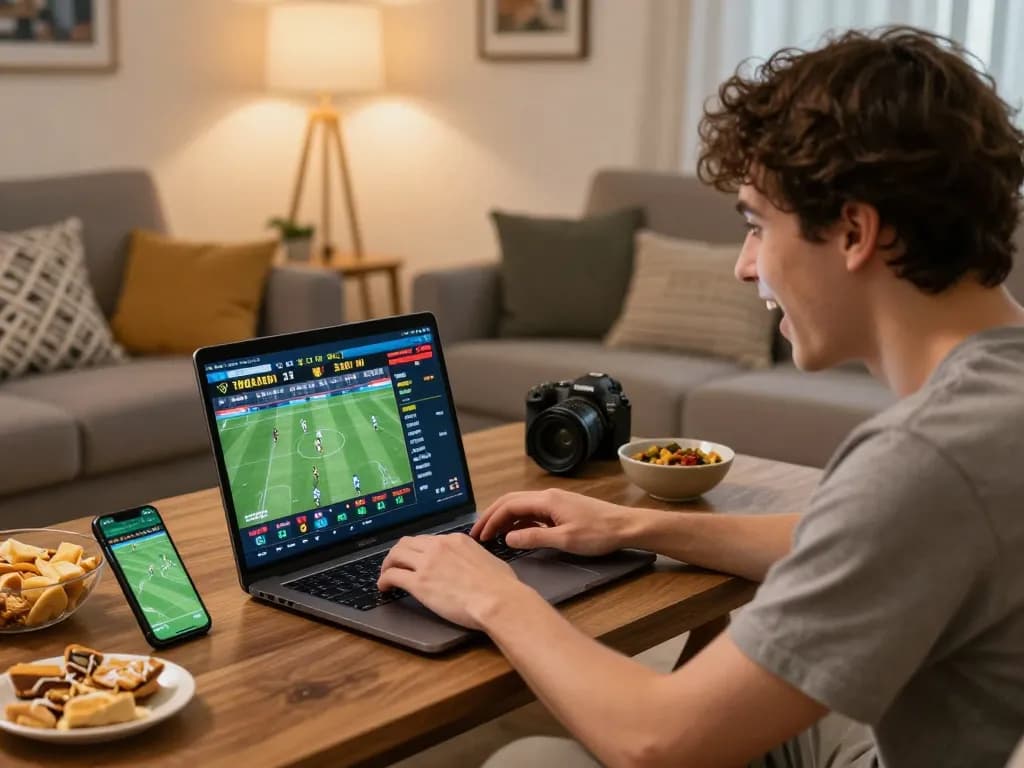 Jun88 user placing bets on laptop, enjoying a thrilling online gambling experience