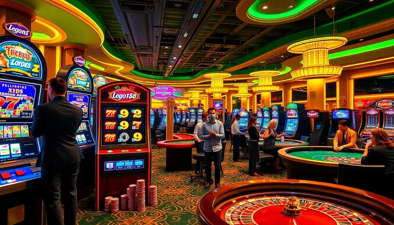 Excited players experience lego138 at a luxurious casino with slot machines and vibrant atmosphere.