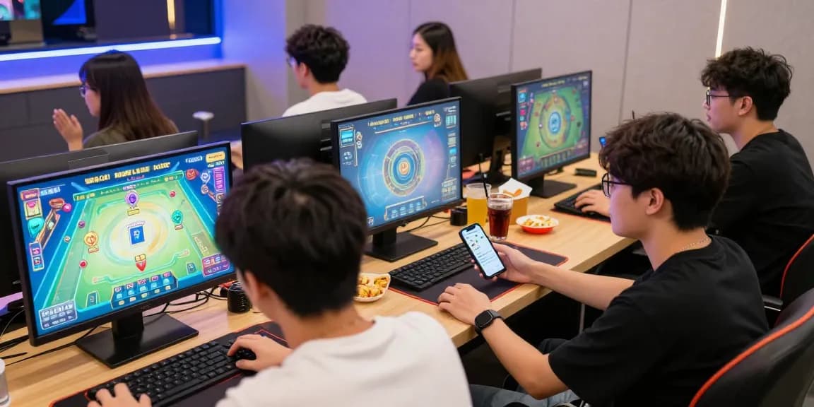 Group playing game bài đổi thưởng in a lively gaming lounge, showcasing vibrant visuals and excitement.