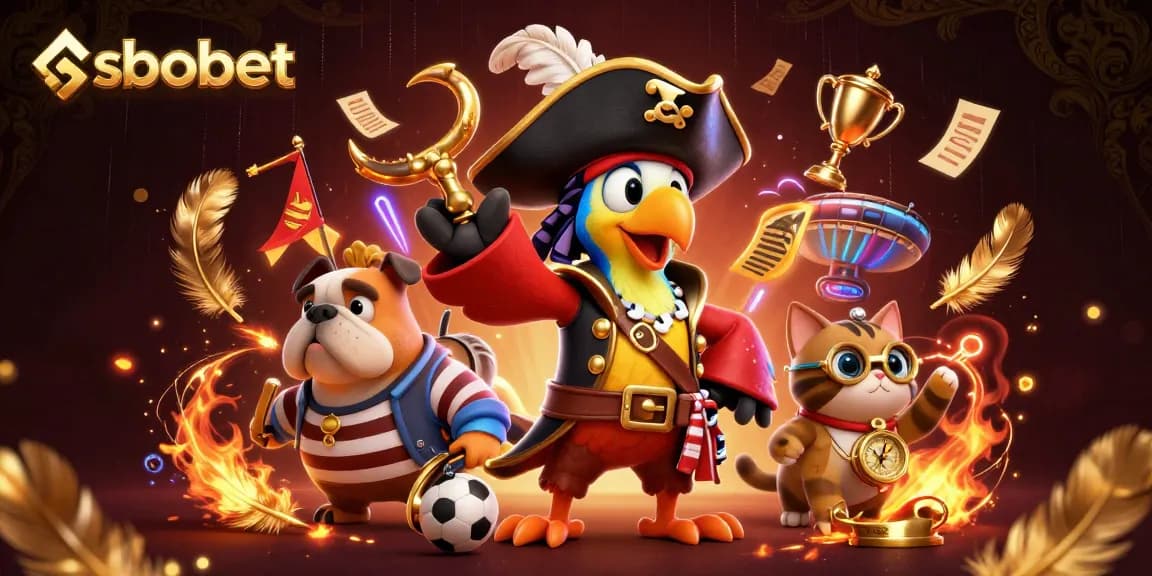 SBOBET sports betting scene featuring a pirate captain, bulldog, and cat among dynamic elements.