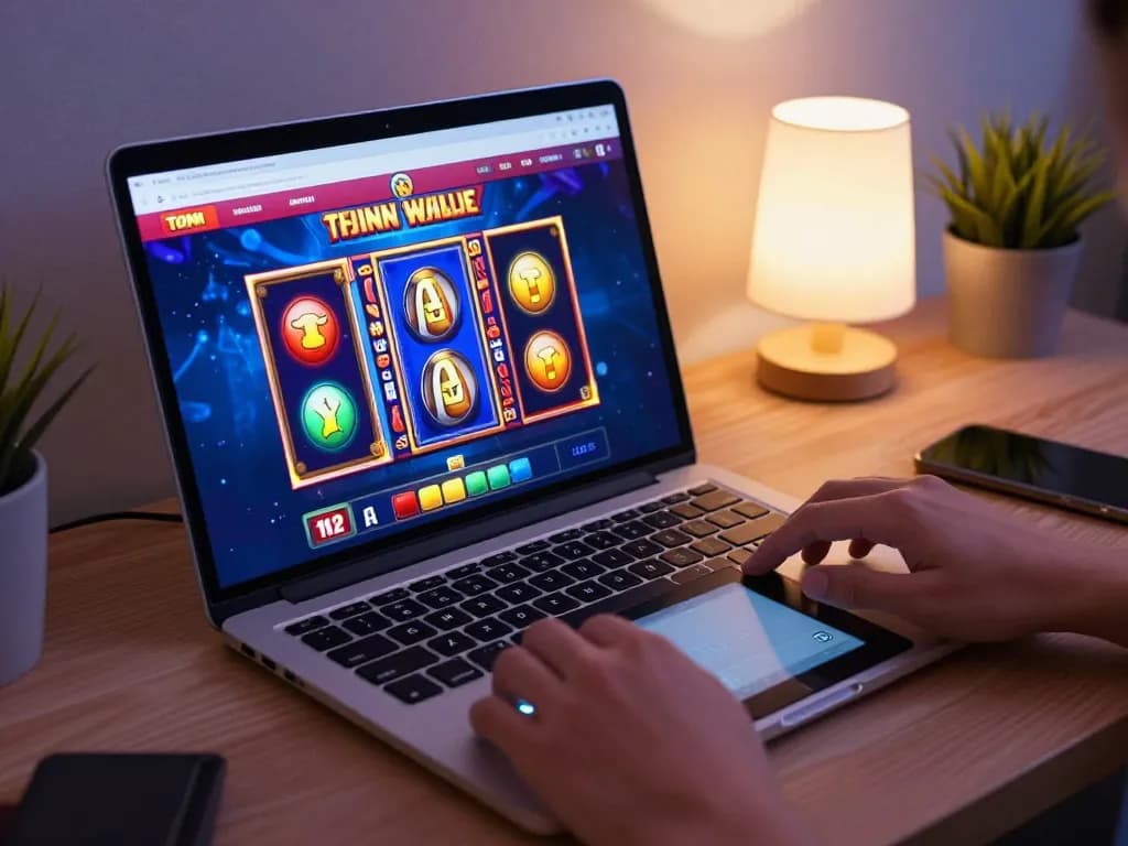 Engaging in debet online casino slot games on a stylish laptop at home, showcasing vibrant gaming experience.