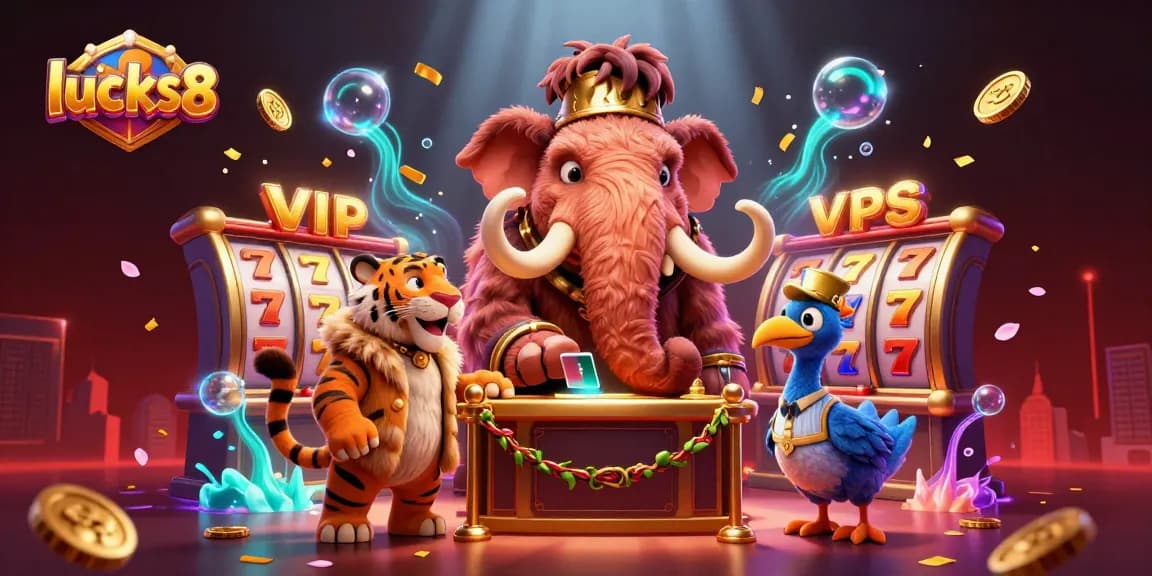 Experience thrilling action at lucks8 with vibrant 3D characters and spinning slot reels in a lively casino.