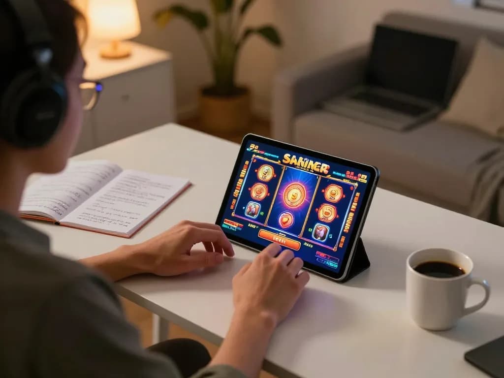 Engaging with lucky88 slots on a tablet at home, showcasing a vibrant gaming interface and cozy atmosphere