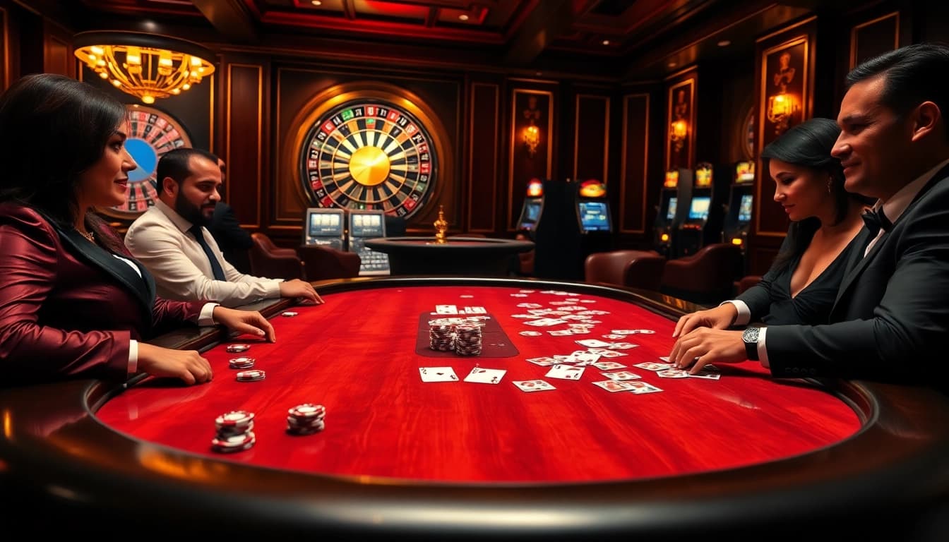 Experience the thrill of poker at Okking's luxurious casino scene, featuring polished tables and glamorous players.