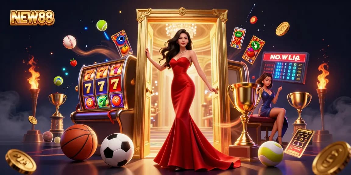 Experience the excitement of NEW88 Casino with vibrant slot and sports elements in a rich 3D illustration.