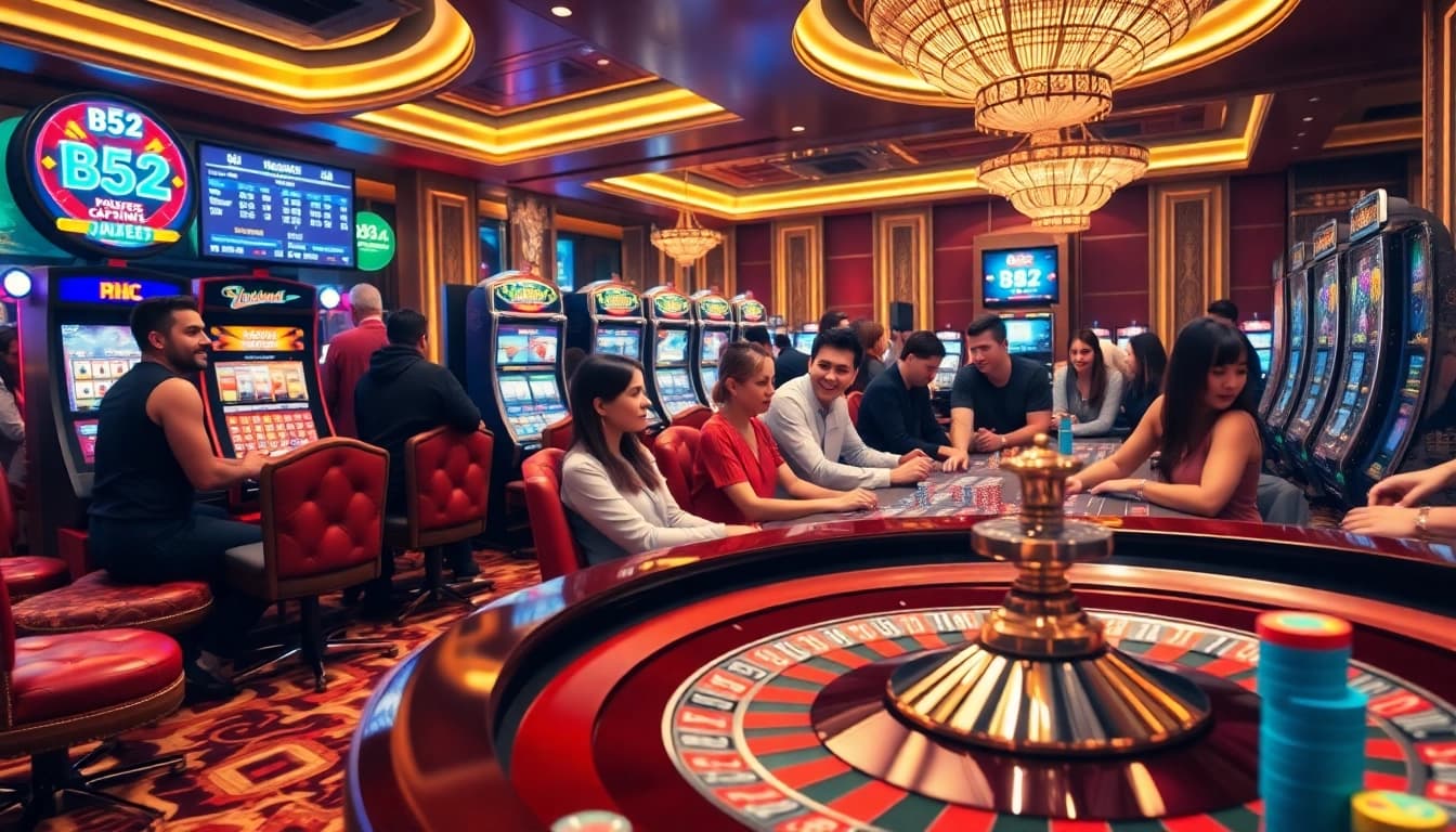 B52 casino players enjoying the thrill of roulette and slots in a luxurious gaming room.