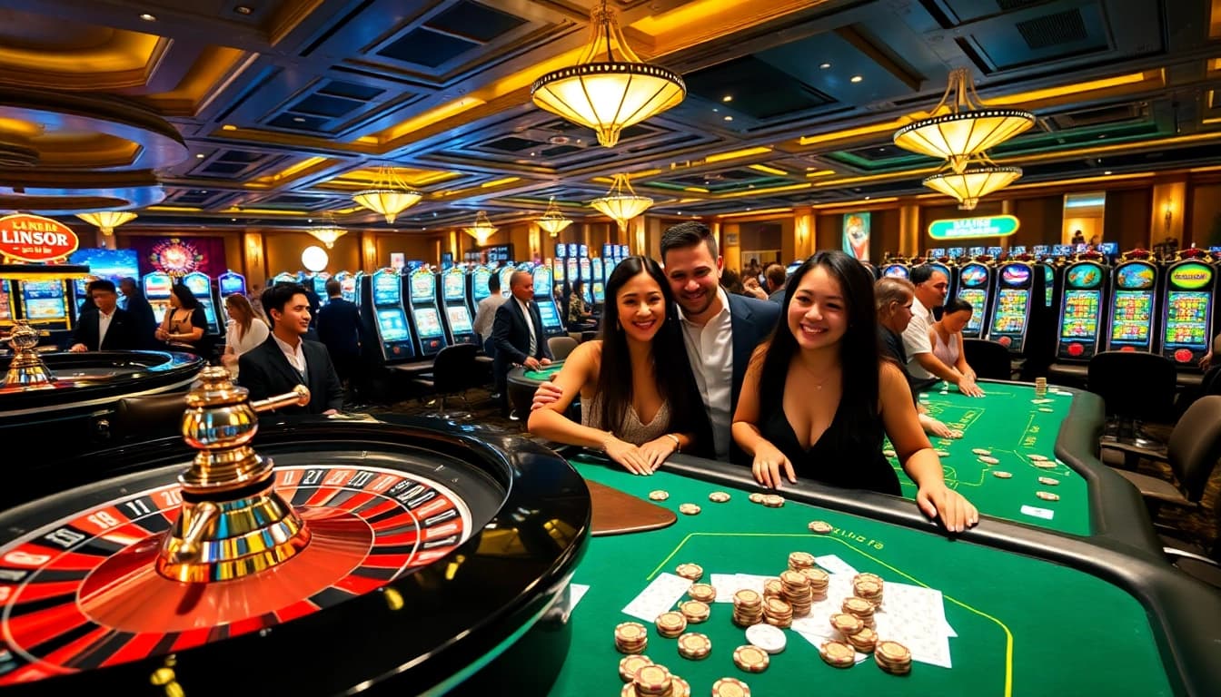 Exciting casino atmosphere at LUCK8 with players engaged at roulette and poker tables.