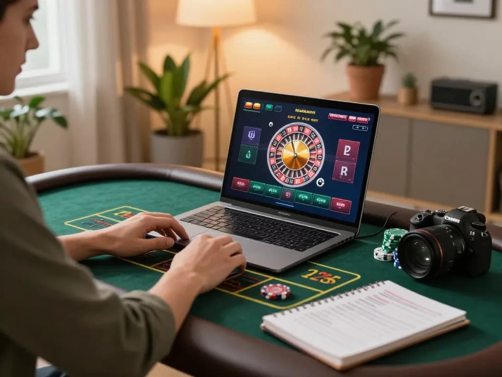 Engaged player at home enjoying live casino gaming on tr88vina with laptop and strategic notes.