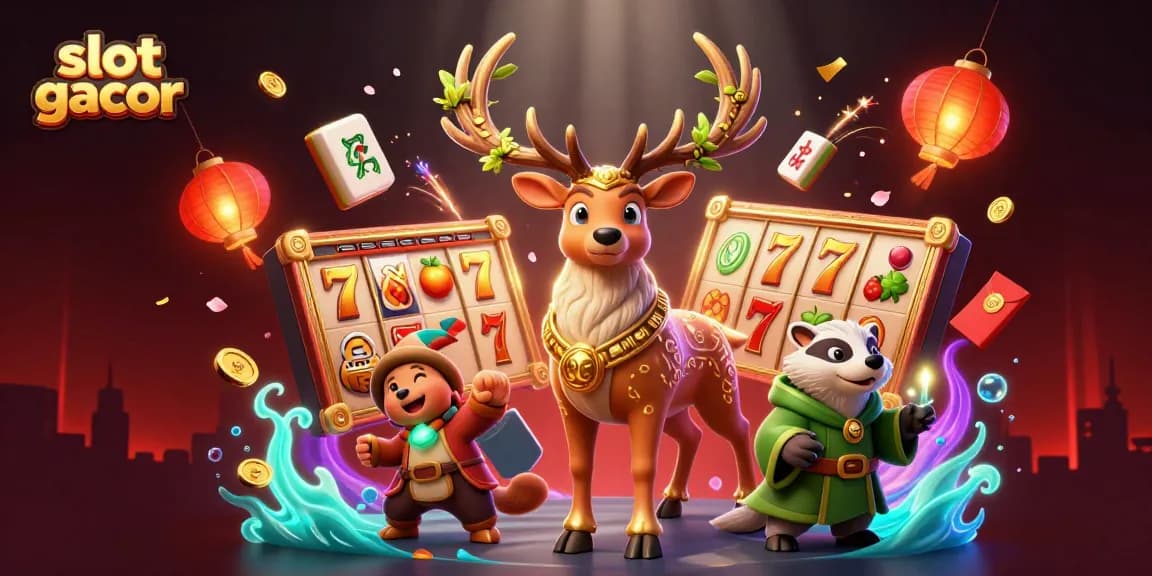 Slot gacor menampilkan ilustrasi perjudian dengan karakter komik dan elemen tradisional.