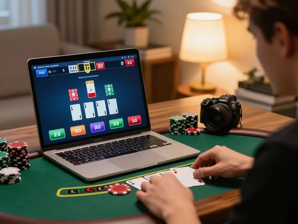 Engaged player at JUN88 playing live blackjack, illustrating responsible gambling environment with cozy atmosphere