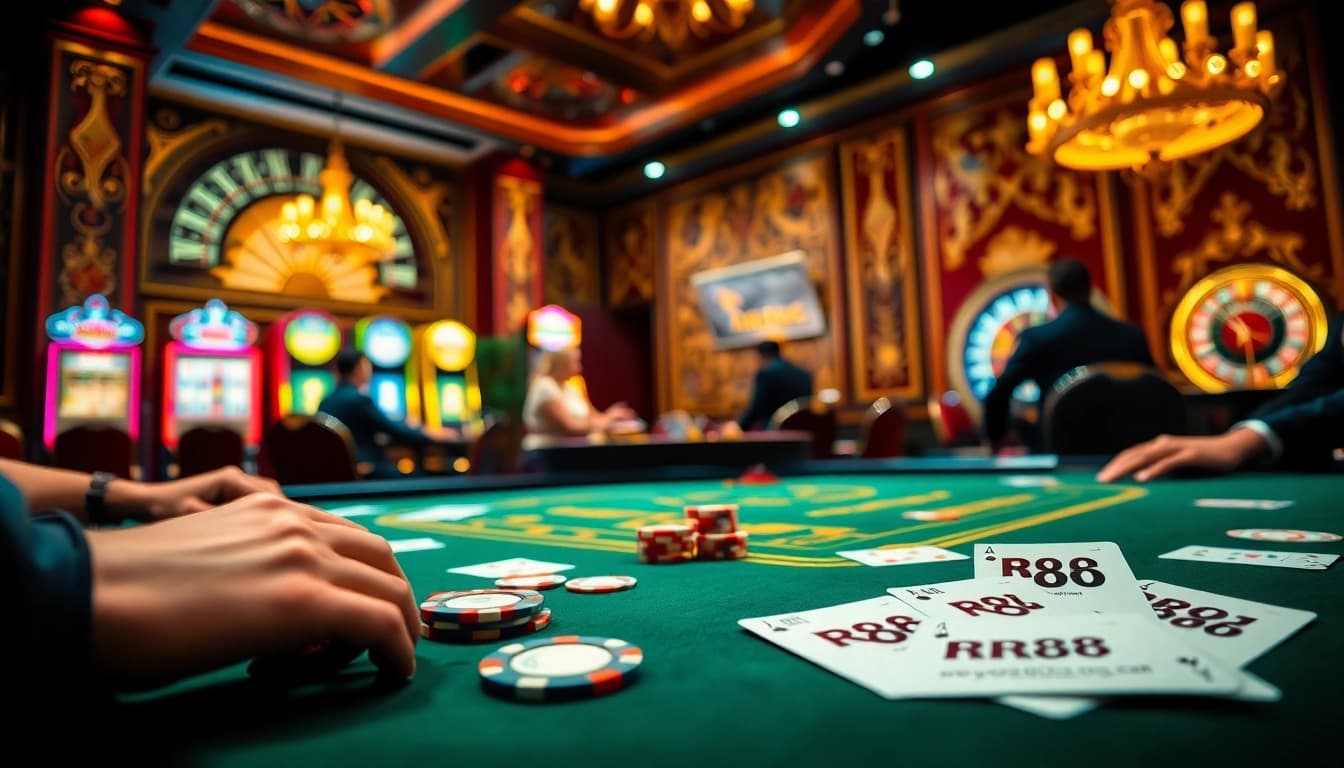 RR88 poker players strategizing in an elegant casino environment with vibrant lighting.