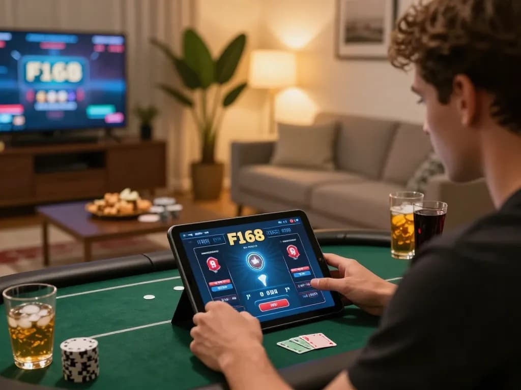 F168 player engaging with poker app on tablet in a cozy home setting.