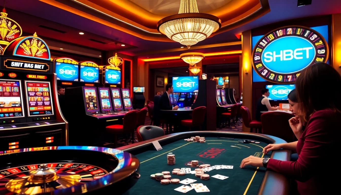 Engaging scene at a SHBET casino with vibrant slot machines and a live dealer.
