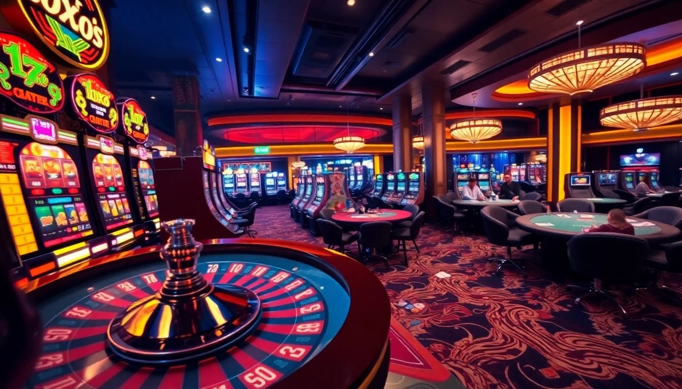 Engaging in high-stakes gaming action at lego138's vibrant casino scene with slot machines and roulette.