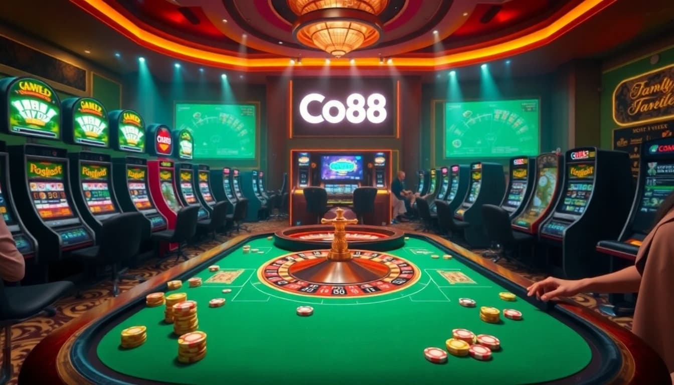 Co88 offers players an exciting poker experience with vibrant chips and warm casino lighting.
