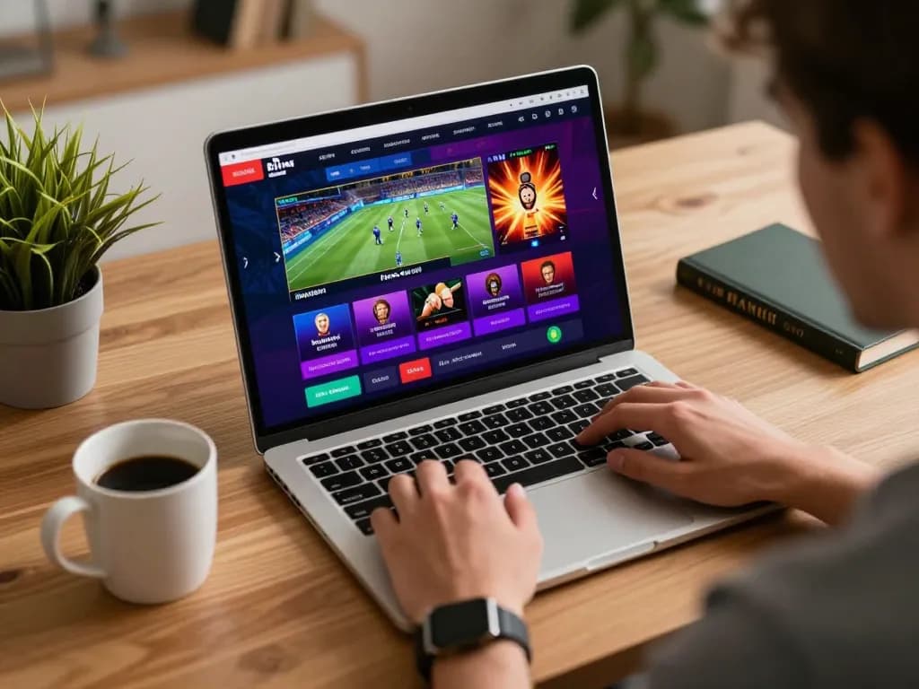 Player immersed in strategic online gambling on laptop showcasing CM88 interface, warm home setting.