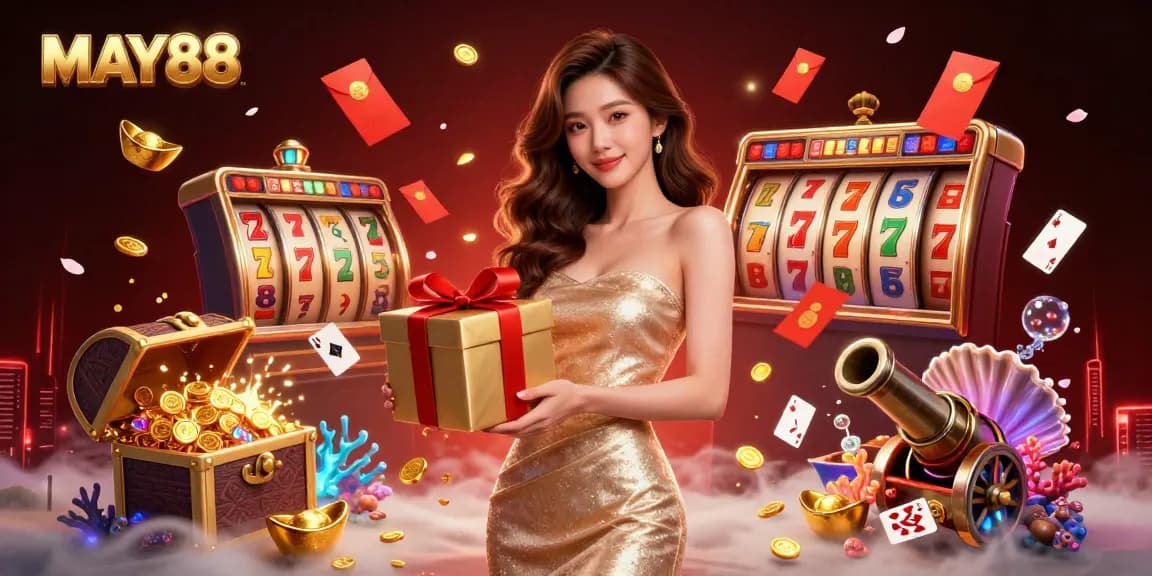 MAY88 captivates players with a vibrant casino illustration featuring gold coins and festive elements.