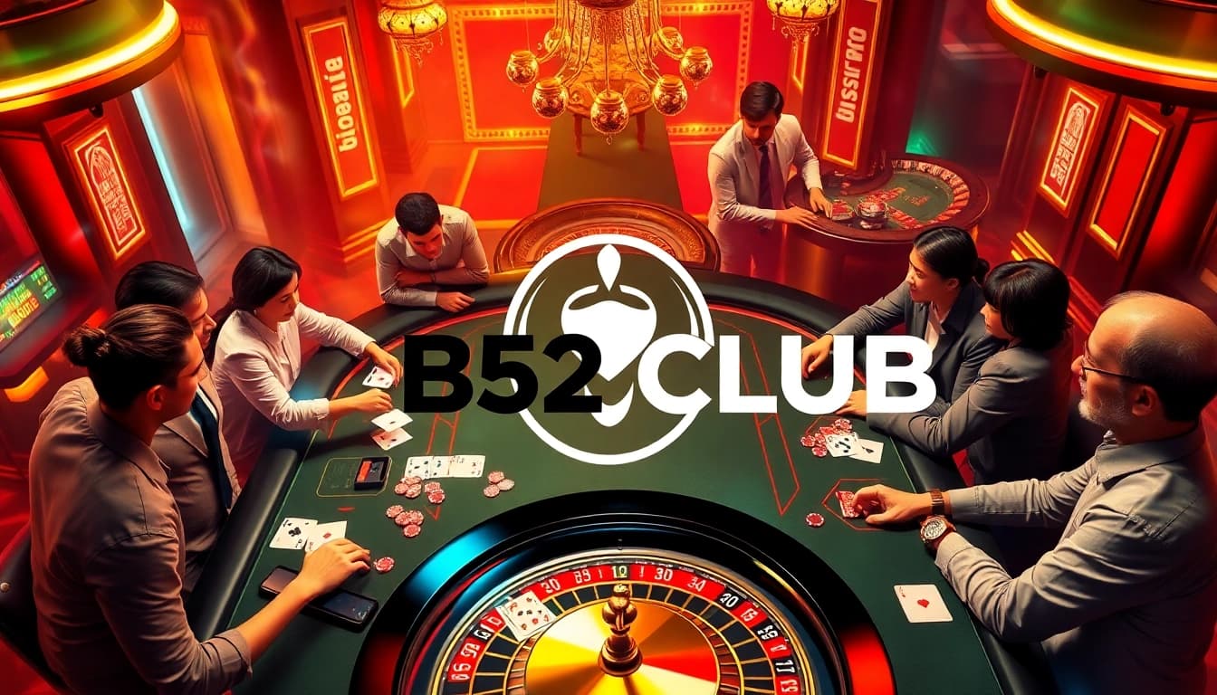B52 CLUB players enjoying a thrilling game at a luxurious casino table filled with chips and cards.