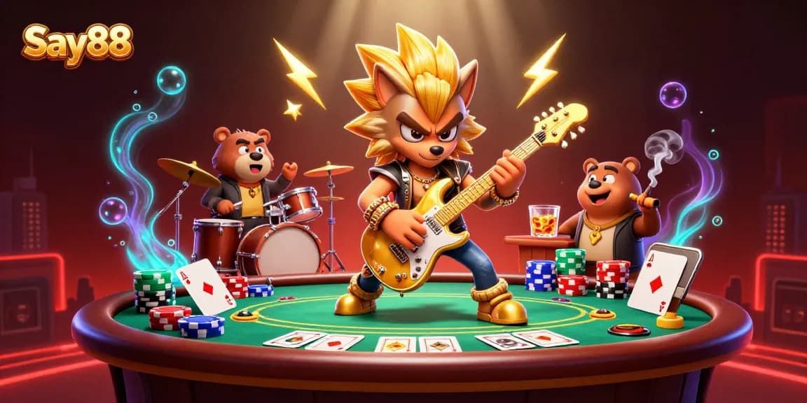 Say88 brings high-energy gaming to life with a vibrant rock star wolf shredding guitar on stage surrounded by dynamic casino elements.
