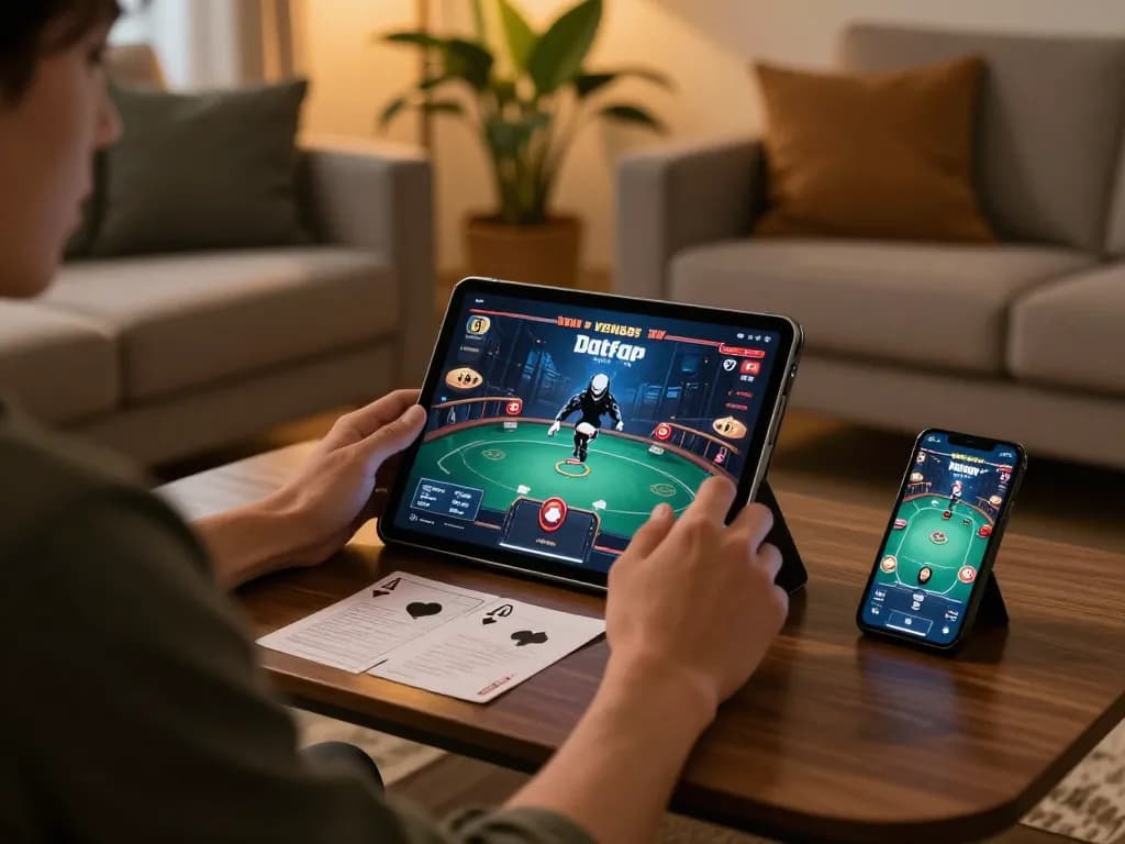 Play VENOM889 Datfar at home on a tablet with strategy notes visible, showcasing interactive gaming.