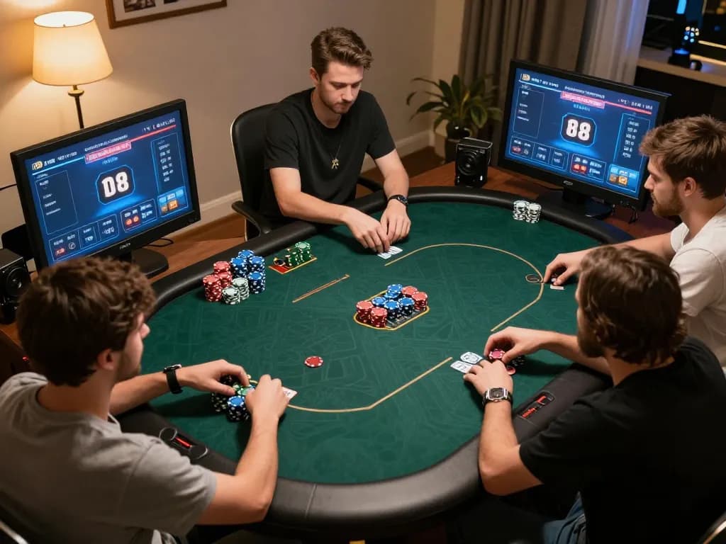 Players engage in a thrilling online poker game at Jun88, strategizing around virtual tables.