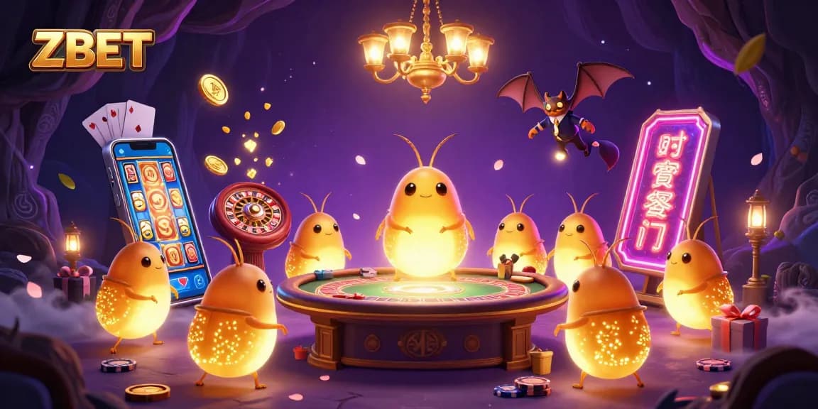 ZBET offers a vibrant casino experience with glowworms illuminating gaming elements and a bat dealer.