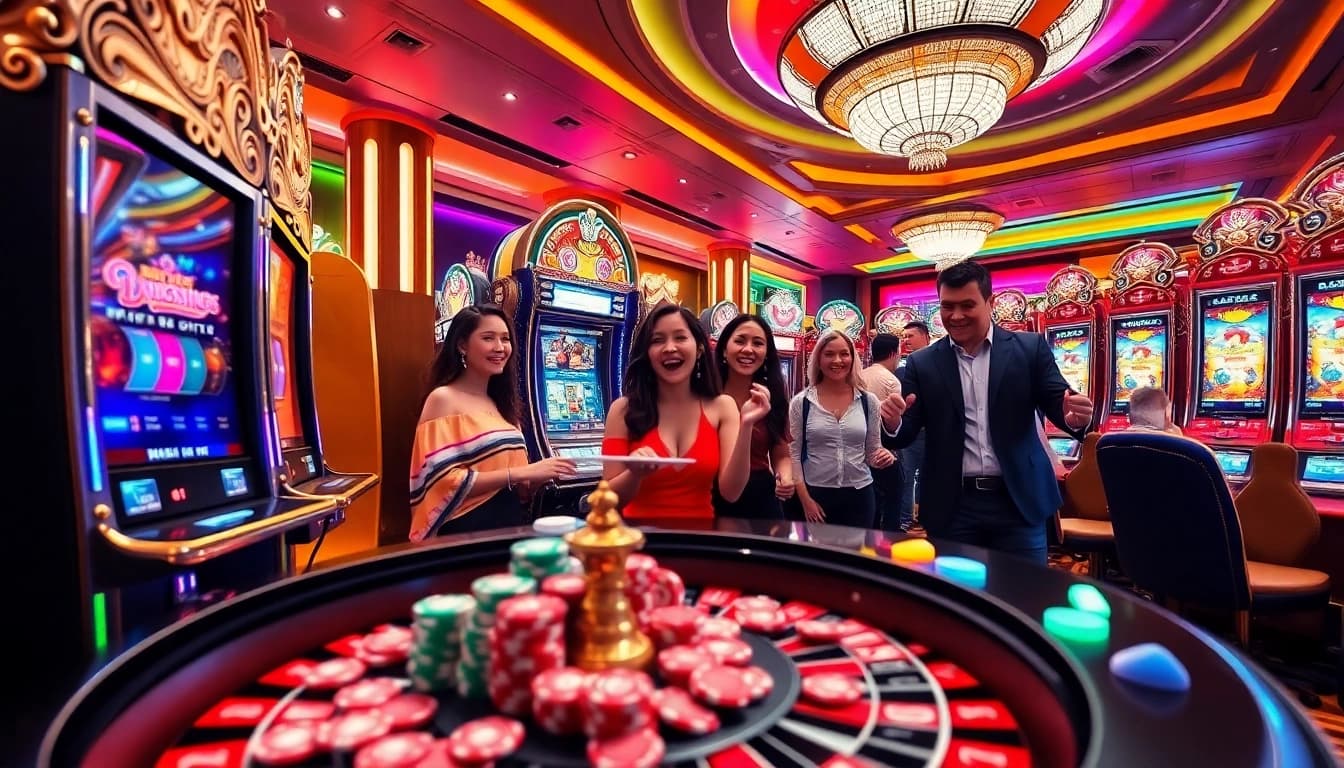 Excited players winning on slot 88 machines in a luxurious casino setting.