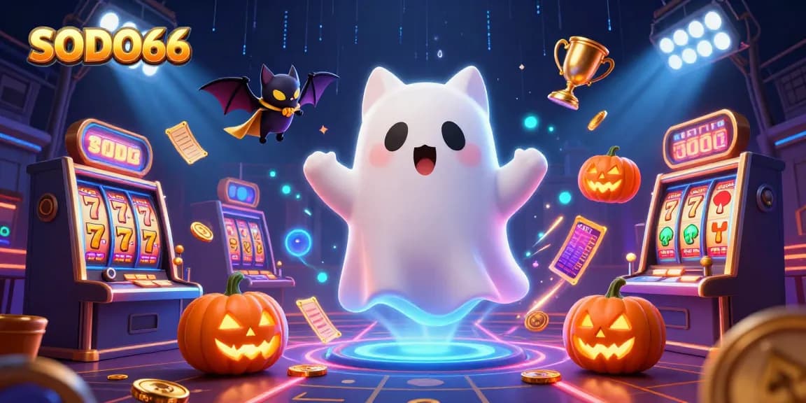 SODO66 brings excitement with a floating ghost cat and bat companion in a haunted casino scene.