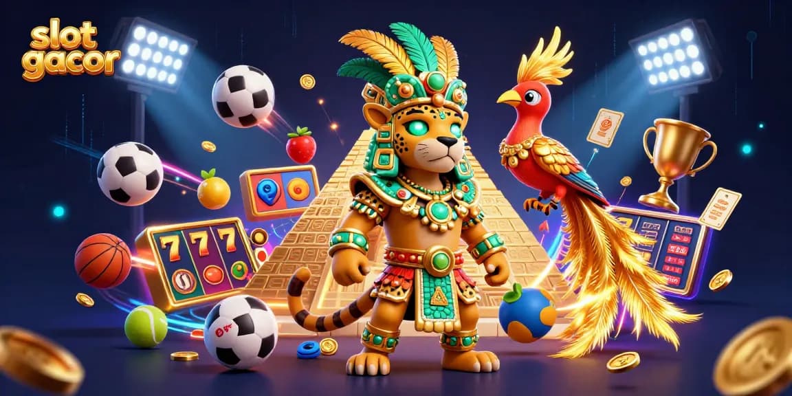 Visualize winning with slot gacor as a dynamic 3D illustration of Mayan priest and vibrant gaming elements.