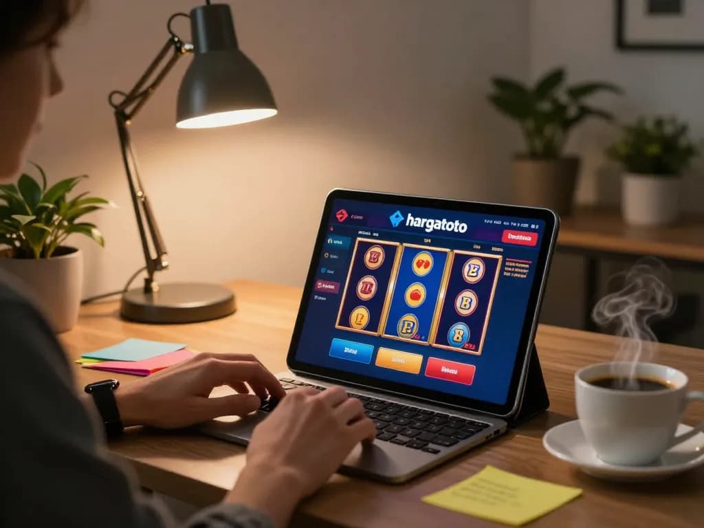 Seorang pemain menikmati hargatoto di tablet, fokus pada fitur permainan slot online dalam suasana rumah yang nyaman.