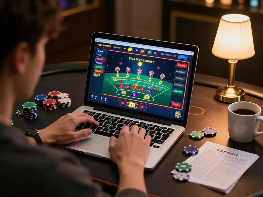 Kuwin player engaged in an exciting blackjack game on a laptop in a cozy home setting.