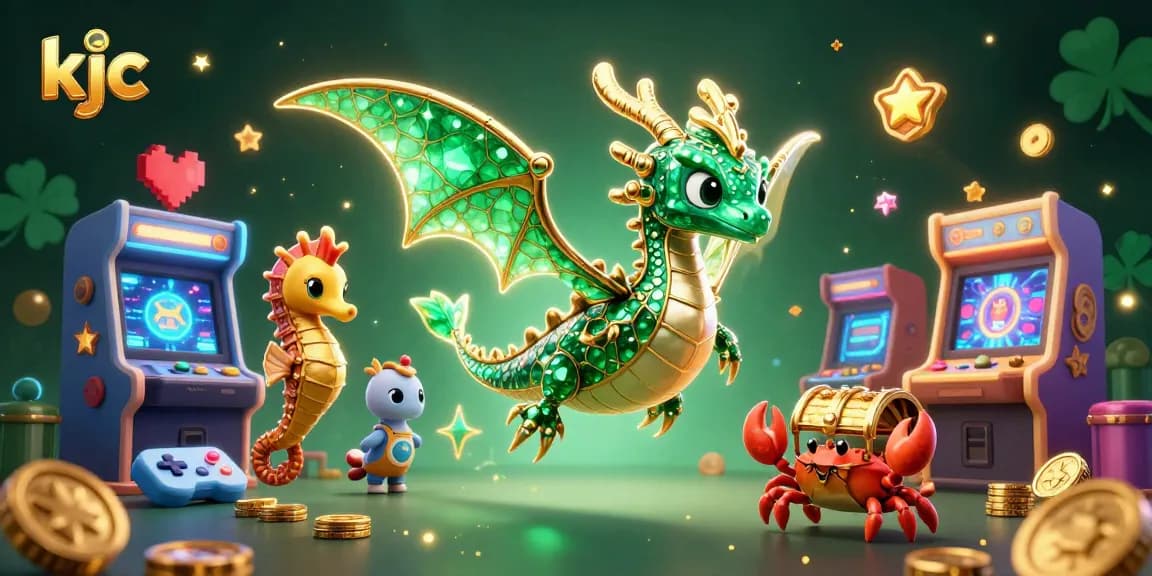 Bet on KJC's interactive gaming scene with emerald sea dragon and festive arcade elements.