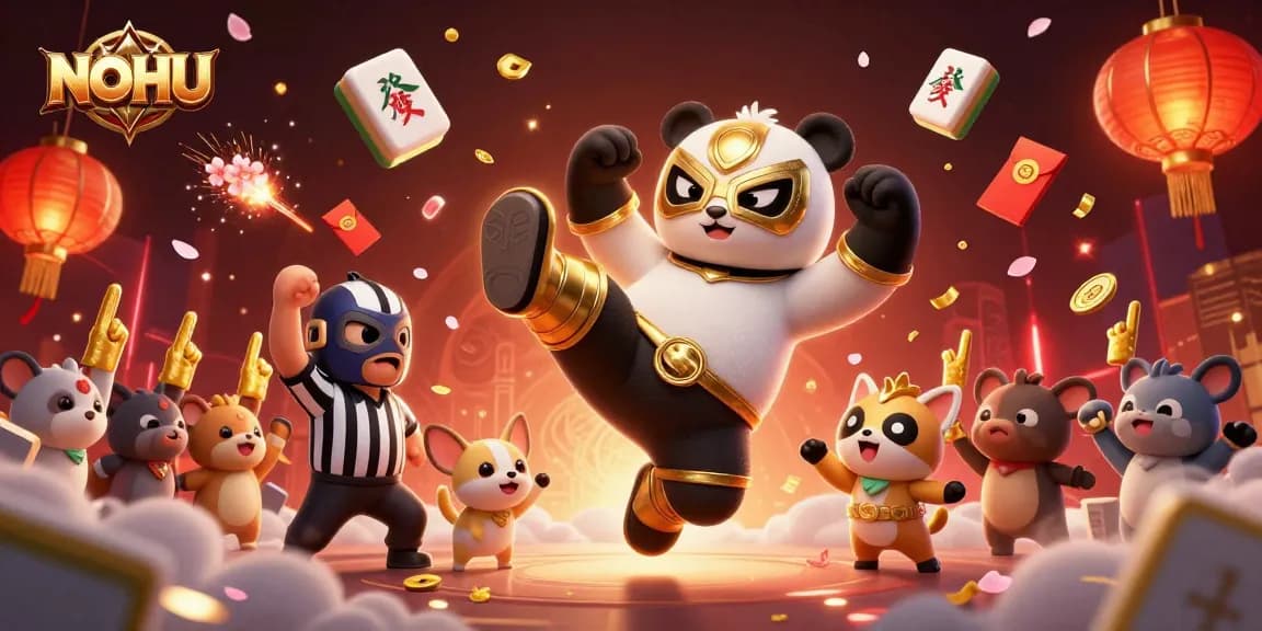 Experience excitement at NOHU with a panda wrestler flying into action during a vibrant casino event.